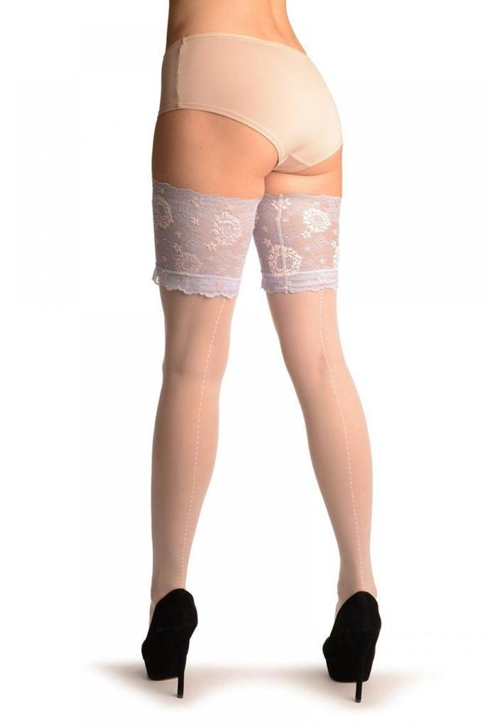 Liss Kiss White With Dotted Seam & Lilac Floral Silicon Lace - Hold Ups
