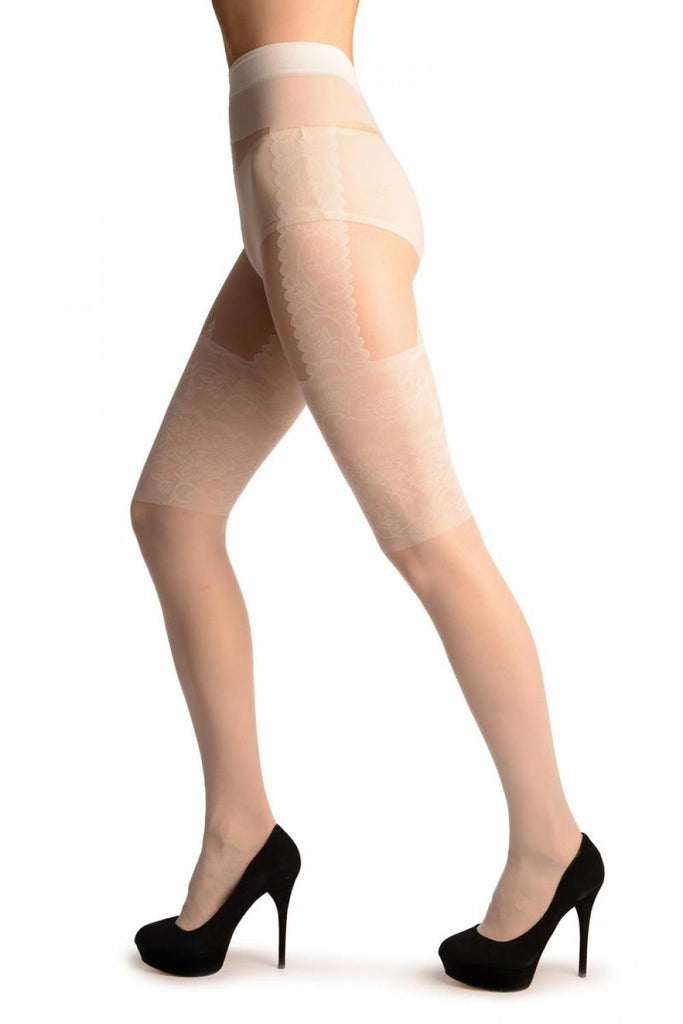 Liss Kiss White With Faux Wide Lace Suspender Garter - Tights