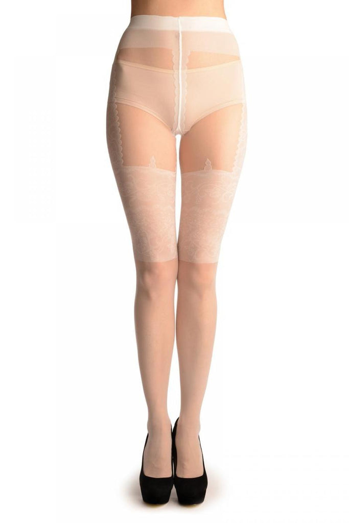 Liss Kiss White With Faux Wide Lace Suspender Garter - Tights