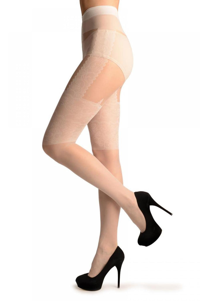 liss kiss White With Faux Wide Lace Suspender Garter - Tights