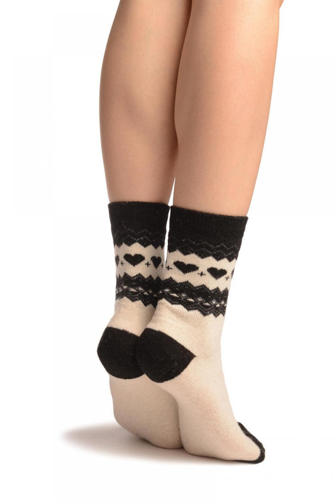 Liss Kiss White With Hearts & Black Top Angora Ankle High Socks - Socks