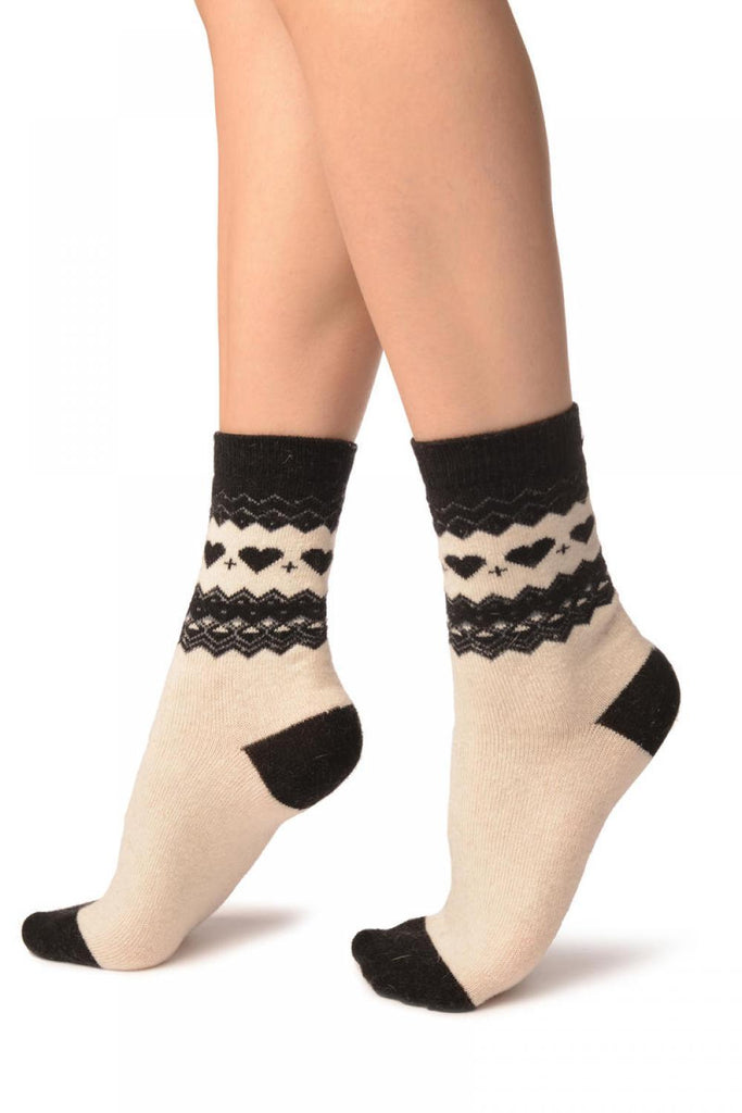 Liss Kiss White With Hearts & Black Top Angora Ankle High Socks - Socks
