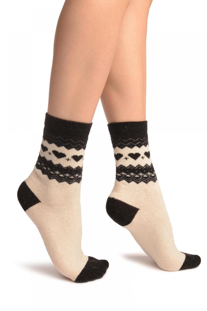 Liss Kiss White With Hearts & Black Top Angora Ankle High Socks - Socks