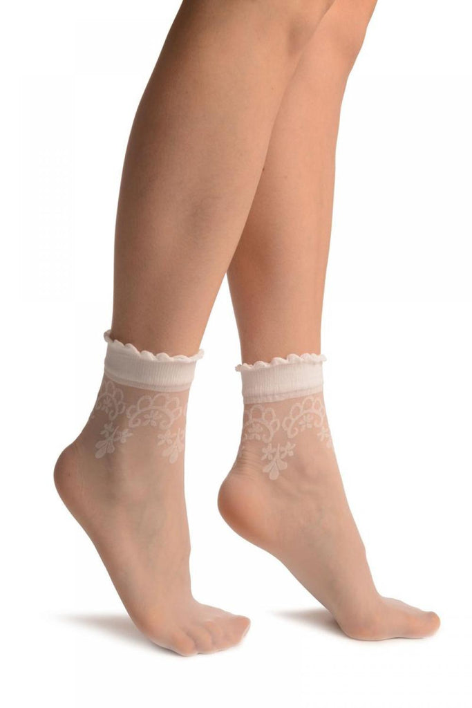 liss kiss White With Large Woven Flowers Top Ankle High Socks - Socks