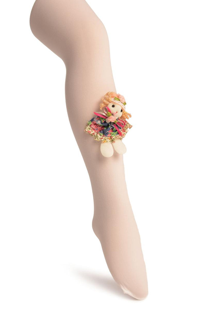 liss kiss White With Little Doll Applique - Girls Tights - Kids Tights