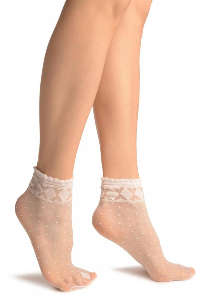 Liss Kiss White With Little Dots And Diamonds Silky Comfort Top Ankle High Socks - Socks