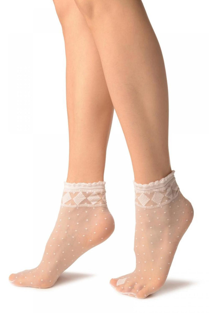 Liss Kiss White With Little Dots And Diamonds Silky Comfort Top Ankle High Socks - Socks