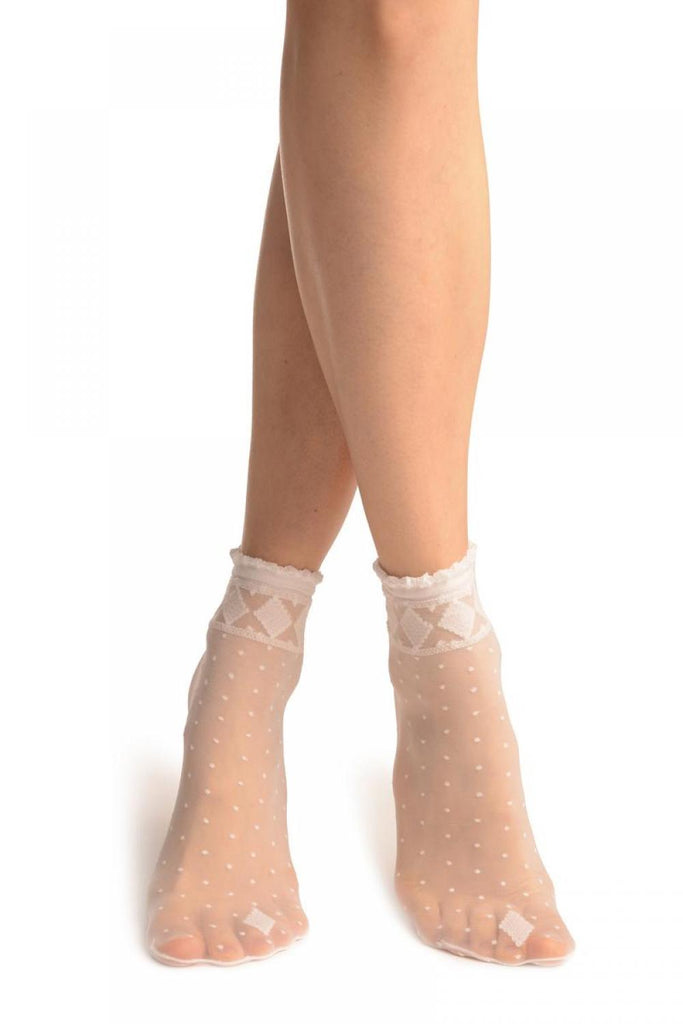 liss kiss White With Little Dots And Diamonds Silky Comfort Top Ankle High Socks - Socks