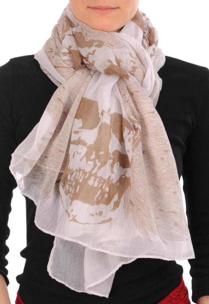 liss kiss White With Mocha Skull & Raven Wings Unisex Scarf & Beach Sarong - Scarf