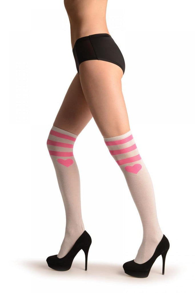 Liss Kiss White With Neon Pink Heart Three Stripes - Over The Knee Socks