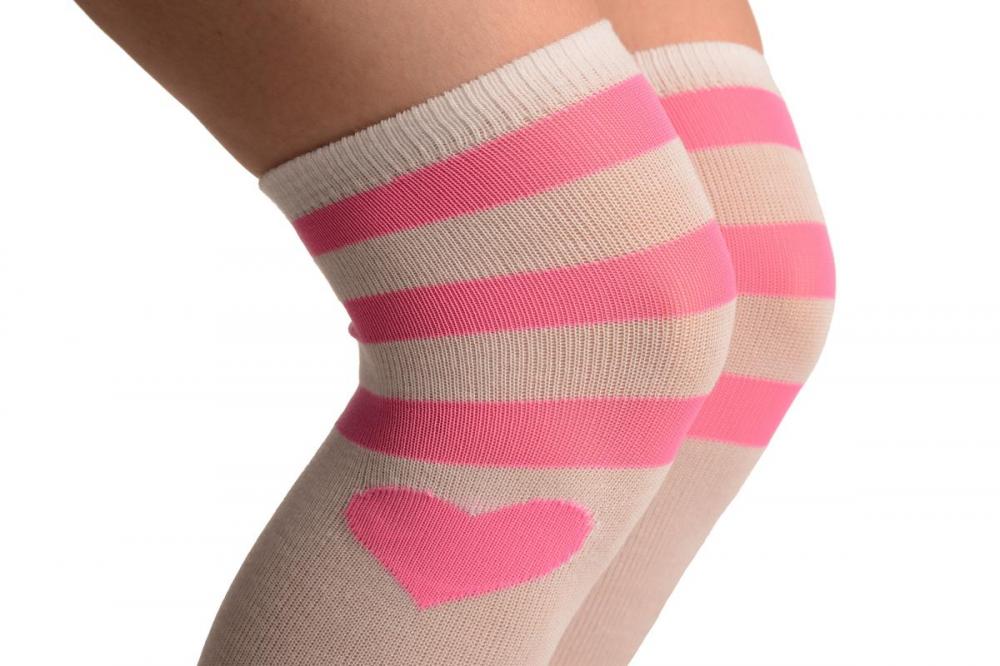 Liss Kiss White With Neon Pink Heart Three Stripes - Over The Knee Socks