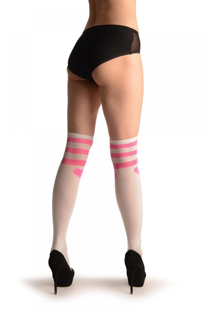 Liss Kiss White With Neon Pink Heart Three Stripes - Over The Knee Socks