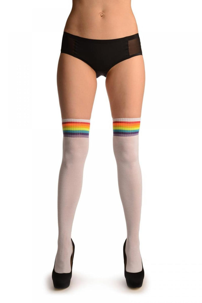 Liss Kiss White With Neon Rainbow Stripes Top - Over The Knee Socks