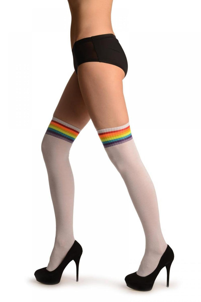 liss kiss White With Neon Rainbow Stripes Top - Over The Knee Socks
