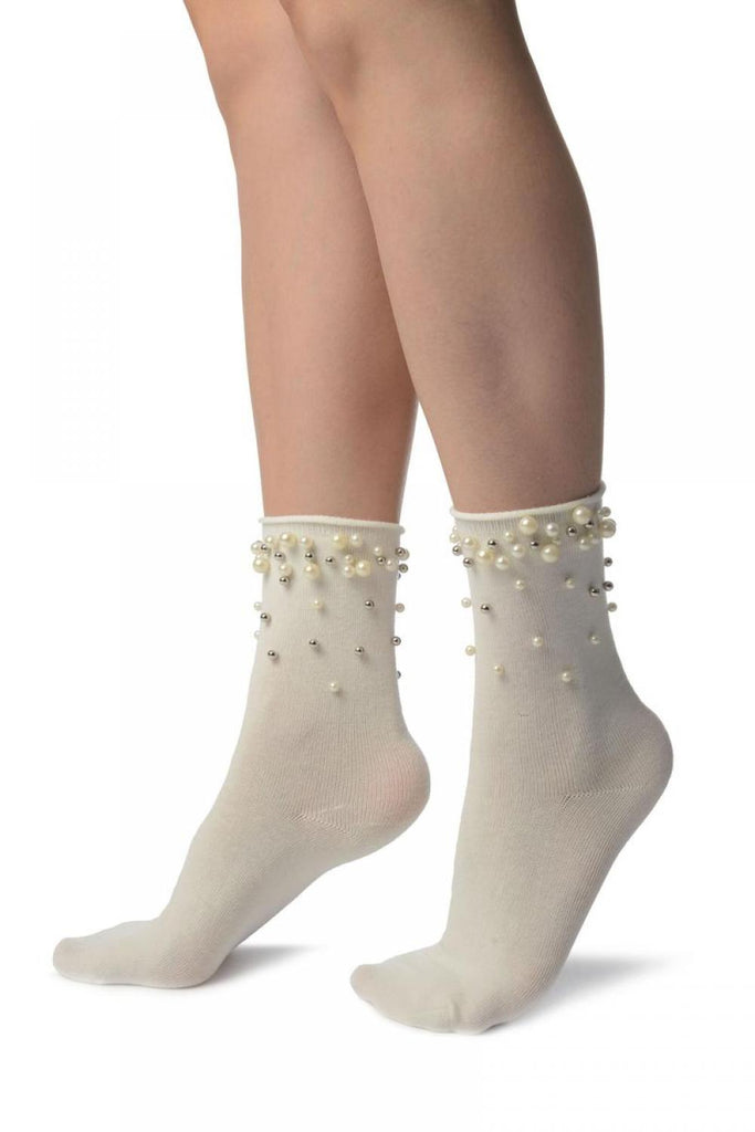 Liss Kiss White With Pearls And Silver Beads Ankle High Socks - Socks