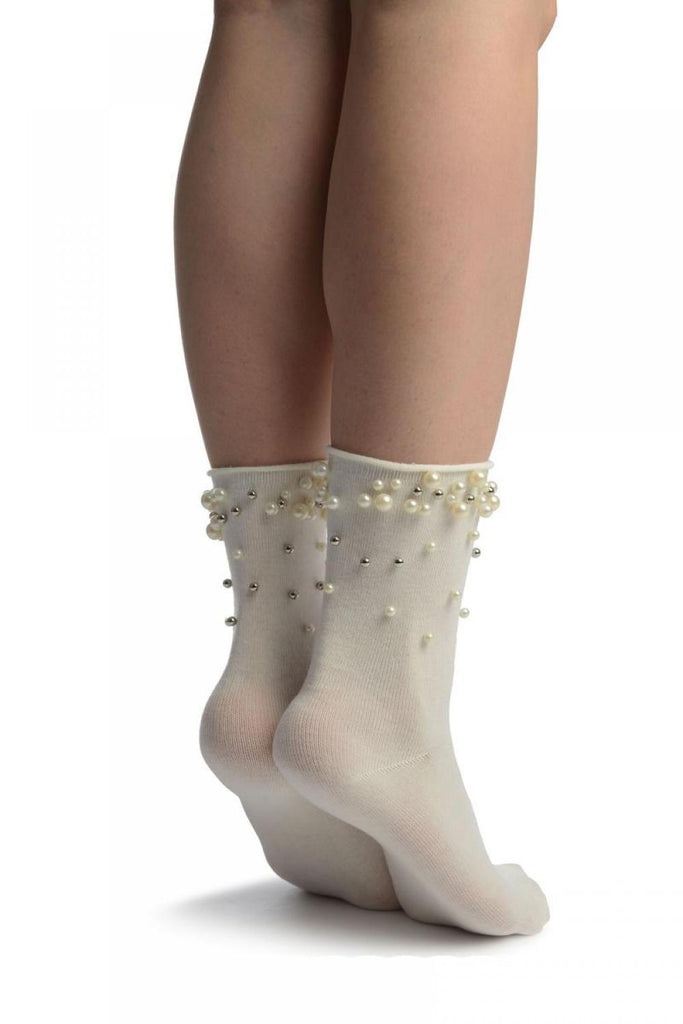 Liss Kiss White With Pearls And Silver Beads Ankle High Socks - Socks