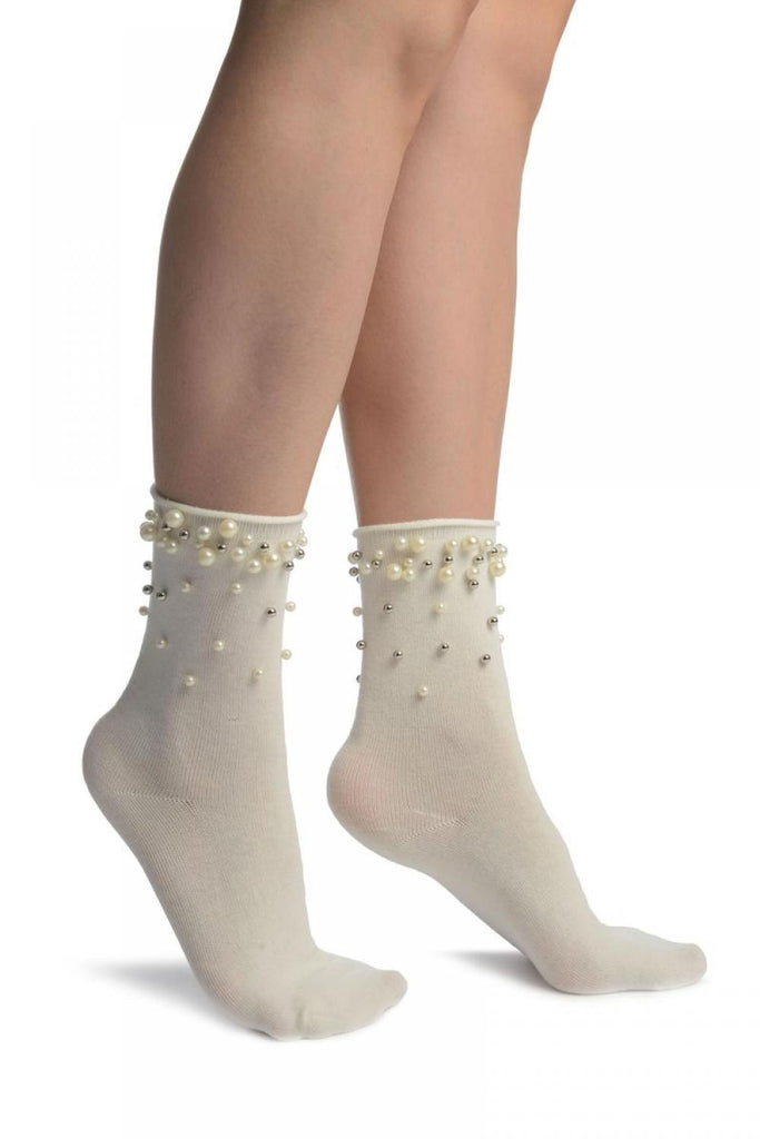 liss kiss White With Pearls and Silver Beads Ankle High Socks - Socks