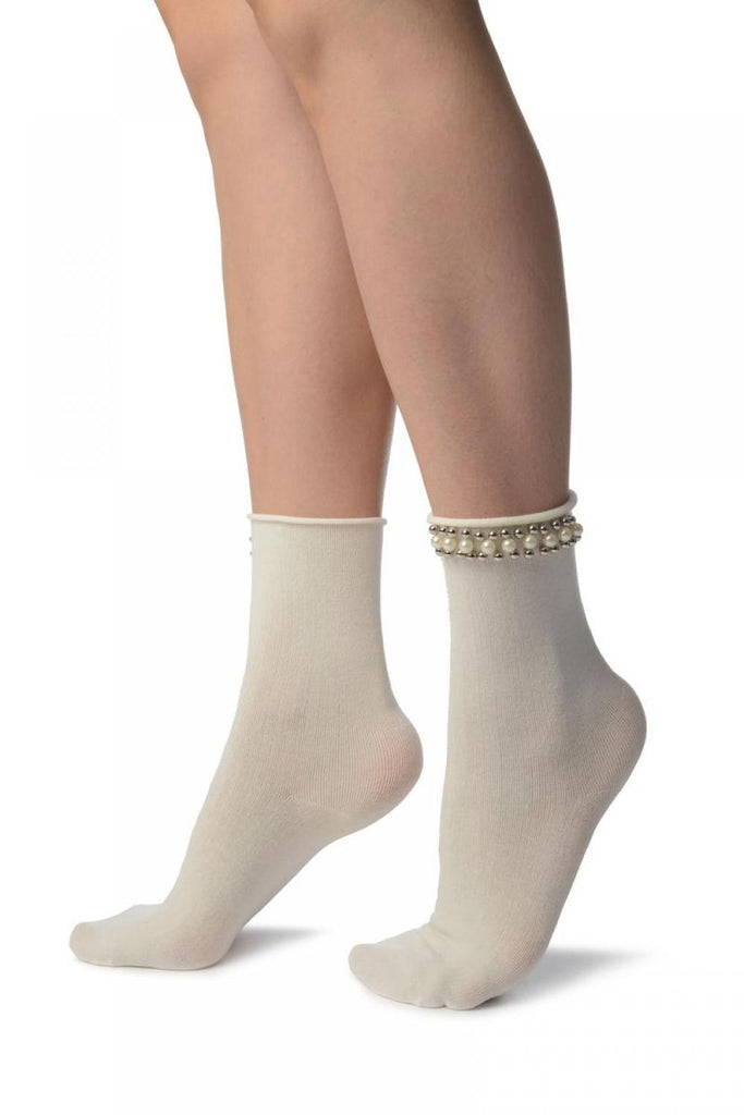 Liss Kiss White With Pearls And Silver Beads Stripe Ankle High Socks - Socks