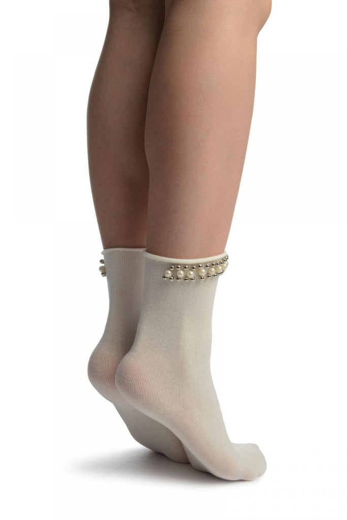 Liss Kiss White With Pearls And Silver Beads Stripe Ankle High Socks - Socks