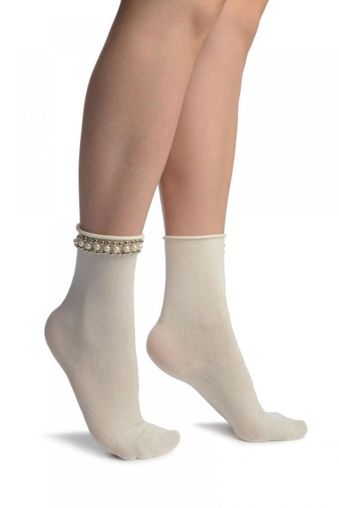 liss kiss White With Pearls and Silver Beads Stripe Ankle High Socks - Socks