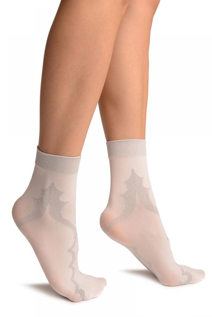 Liss Kiss White With Persian Silver Lurex Pattern Ankle High Socks - Socks