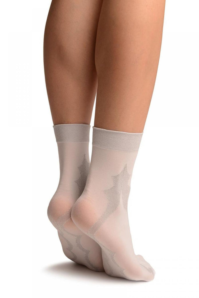 Liss Kiss White With Persian Silver Lurex Pattern Ankle High Socks - Socks