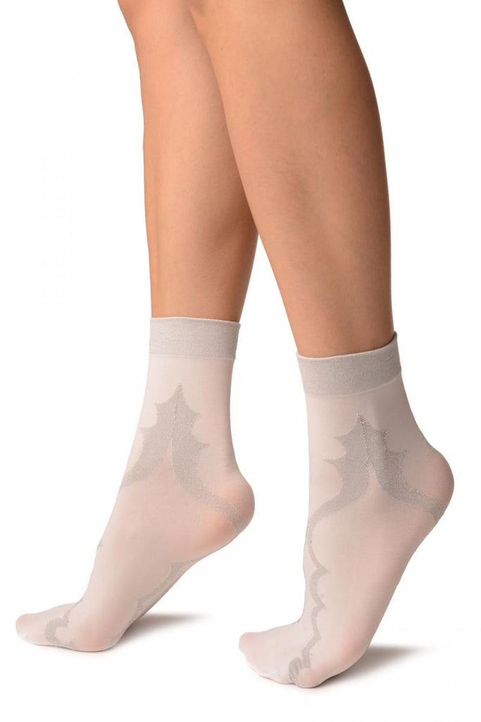 Liss Kiss White With Persian Silver Lurex Pattern Ankle High Socks - Socks