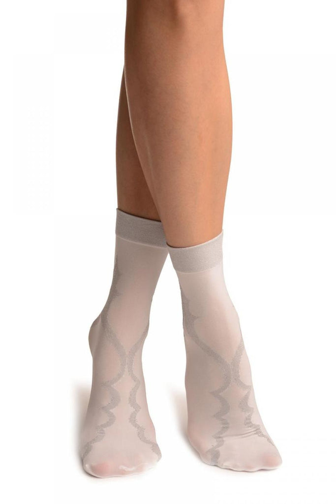 liss kiss White With Persian Silver Lurex Pattern Ankle High Socks - Socks