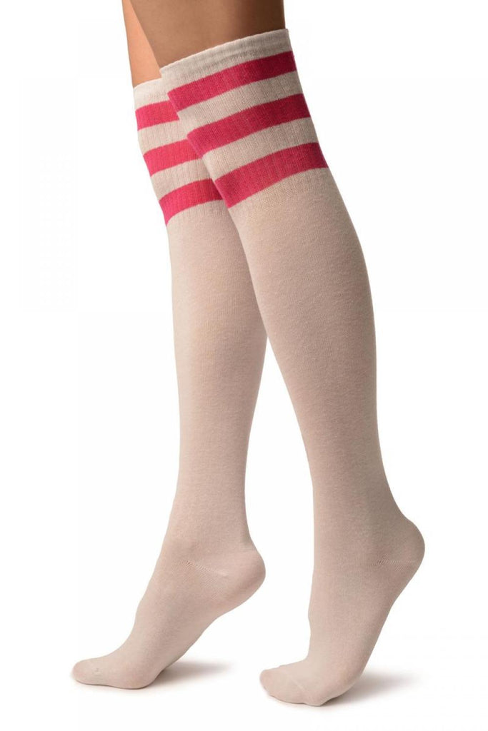 Liss Kiss White With Pink Stripes Referee Knee High Socks - Socks