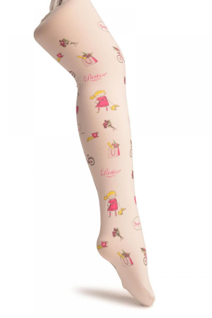 Liss Kiss White With Printed Little Girl In Paris - Girls Tights - Kids Tights