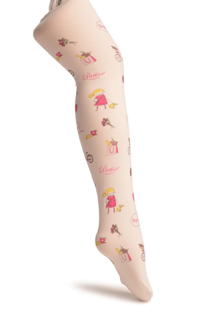 liss kiss White With Printed Little Girl In Paris - Girls Tights - Kids Tights