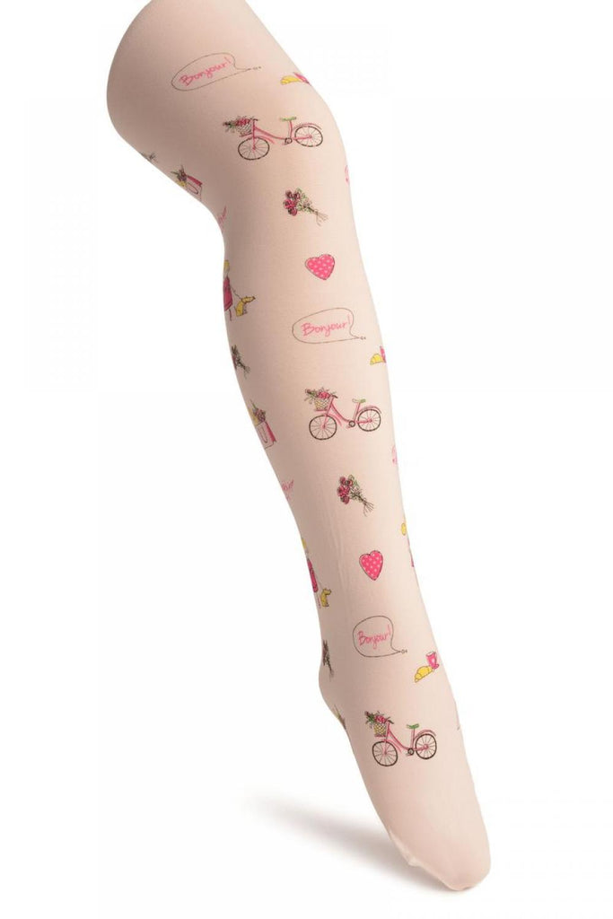 liss kiss White With Printed Little Girl In Paris - Girls Tights - Kids Tights