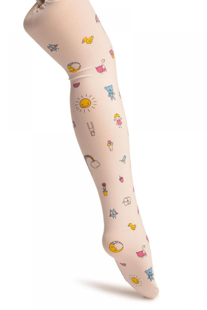 Liss Kiss White With Printed Rainbow & Ice Cream - Girls Tights - Kids Tights