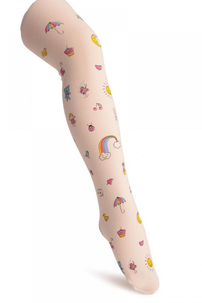 liss kiss White With Printed Rainbow & Ice Cream - Girls Tights - Kids Tights