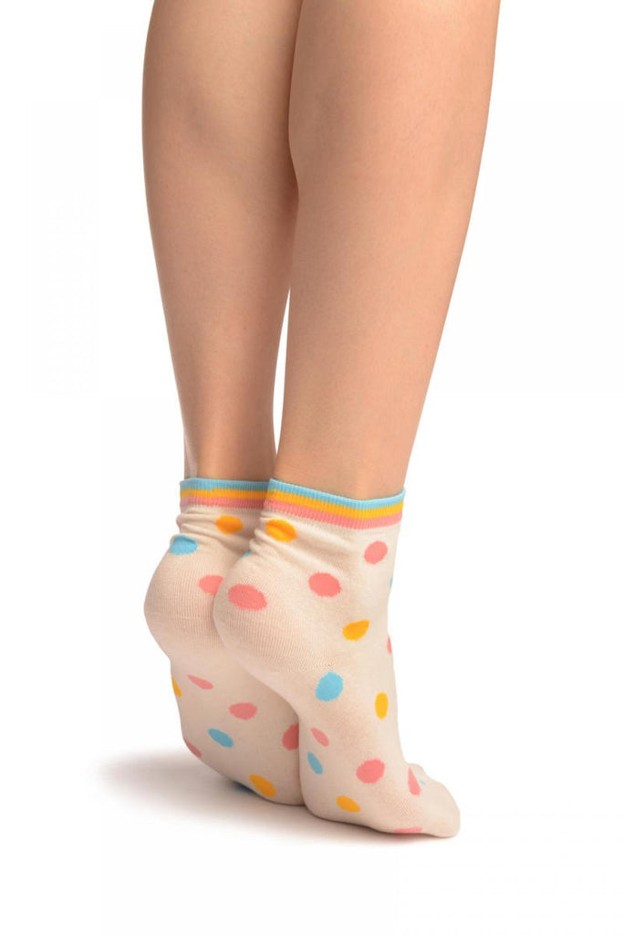 Liss Kiss White With Rainbow Polka Dot Ankle High Socks - Socks