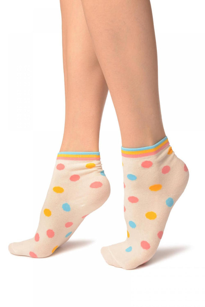 Liss Kiss White With Rainbow Polka Dot Ankle High Socks - Socks