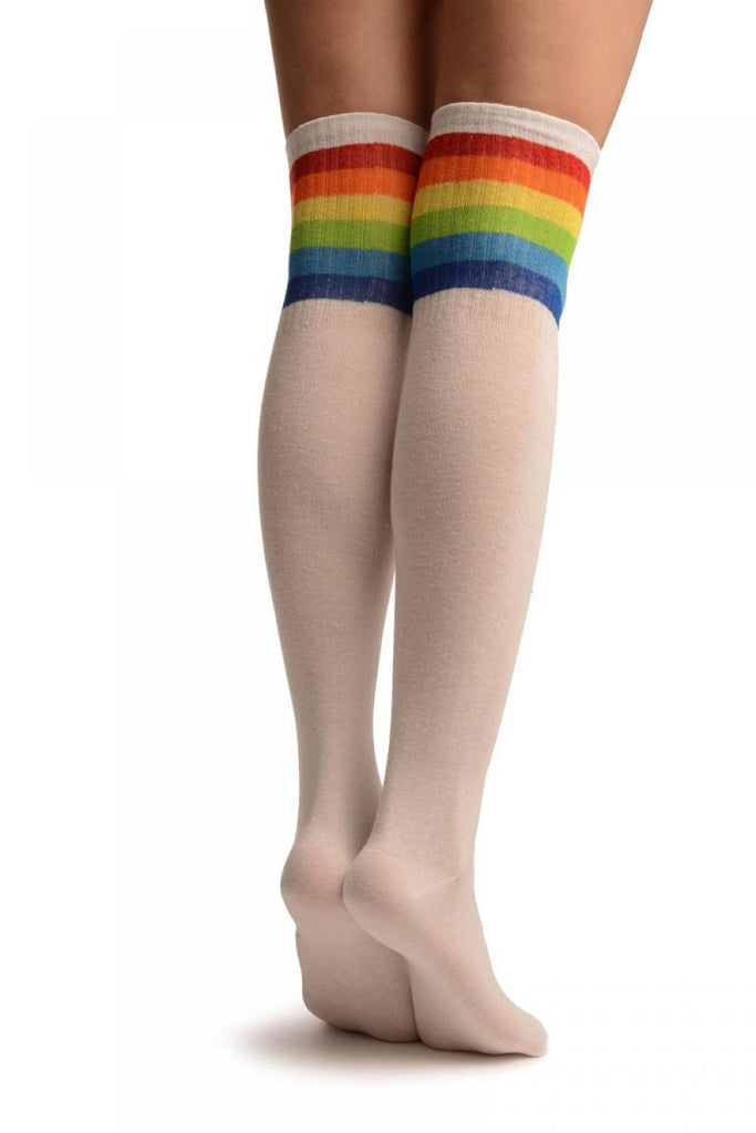 Liss Kiss White With Rainbow Stripes Referee Knee High Socks - Socks