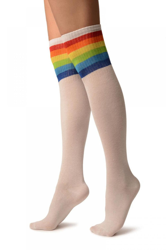 Liss Kiss White With Rainbow Stripes Referee Knee High Socks - Socks