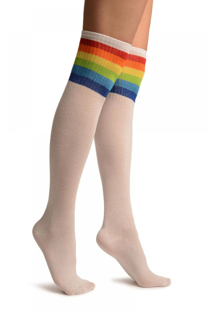 liss kiss White With Rainbow Stripes Referee Knee High Socks - Socks