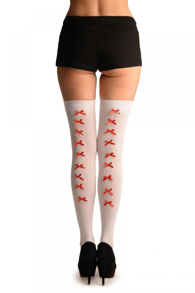Liss Kiss White With Red Satin Bows At The Back - Over The Knee Socks
