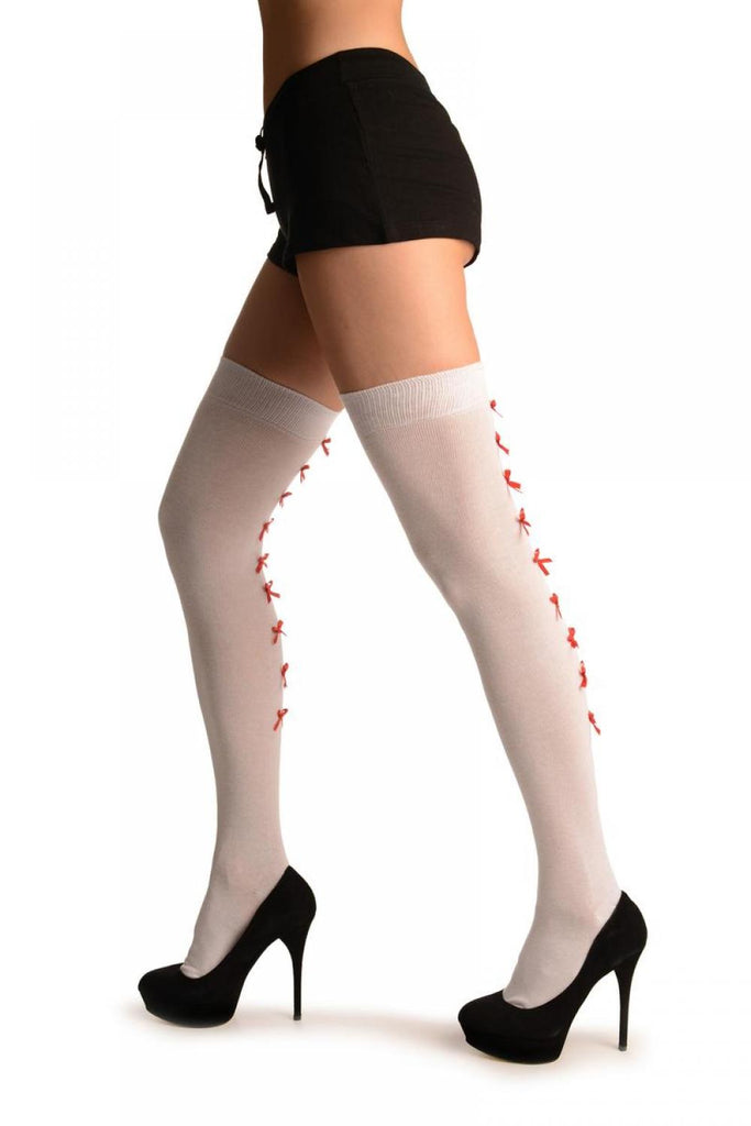 Liss Kiss White With Red Satin Bows At The Back - Over The Knee Socks
