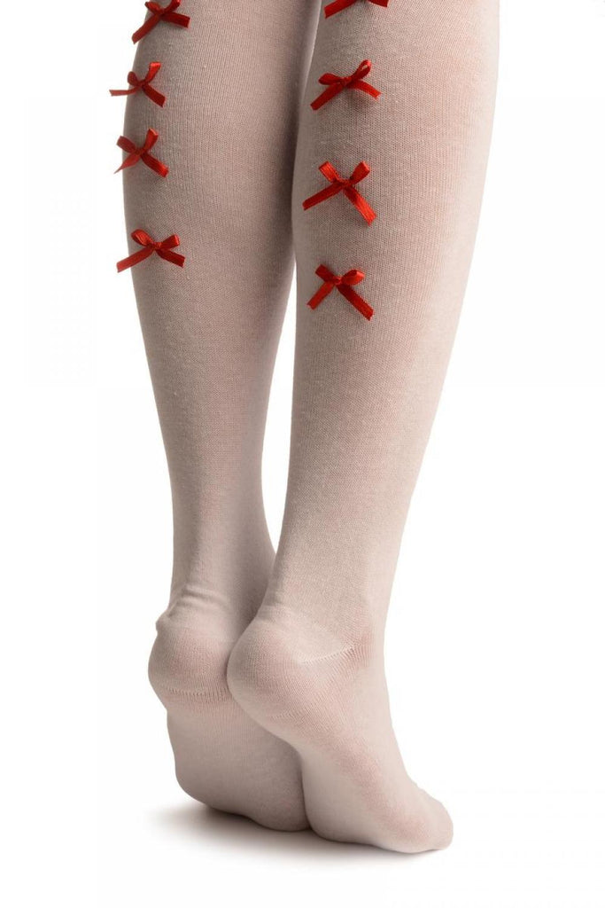 Liss Kiss White With Red Satin Bows At The Back - Over The Knee Socks