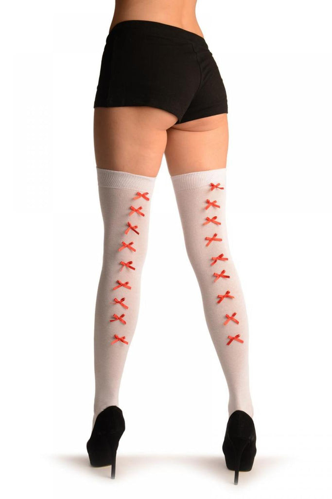 Liss Kiss White With Red Satin Bows At The Back - Over The Knee Socks