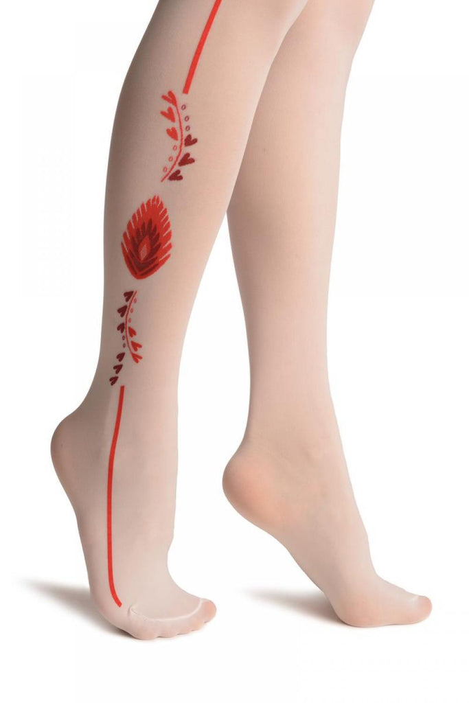 Liss Kiss White With Red Side Seam & Peacock Feather - Tights