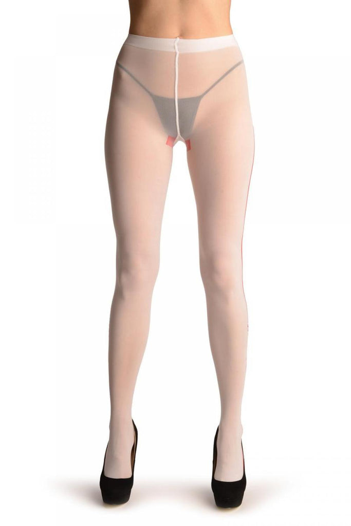 Liss Kiss White With Red Side Seam & Peacock Feather - Tights