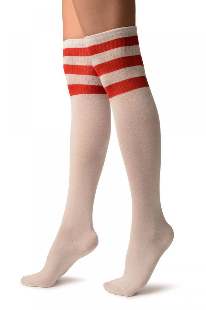 Liss Kiss White With Red Stripes Referee Knee High Socks - Socks