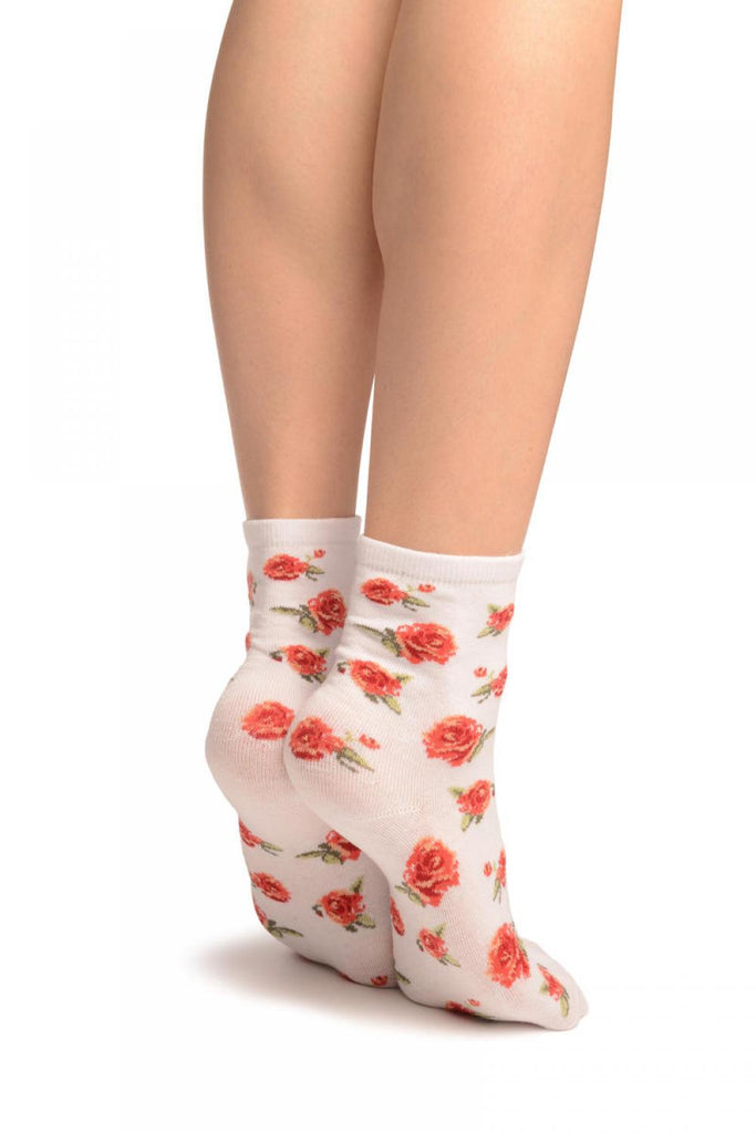 Liss Kiss White With Red Woven Roses Ankle High Socks - Socks