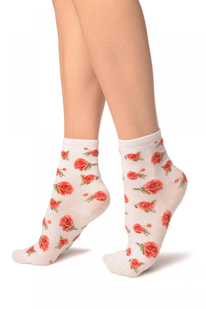 Liss Kiss White With Red Woven Roses Ankle High Socks - Socks