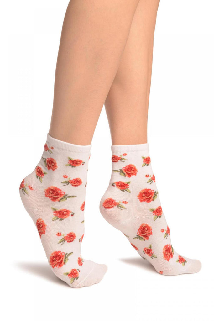 liss kiss White With Red Woven Roses Ankle High Socks - Socks