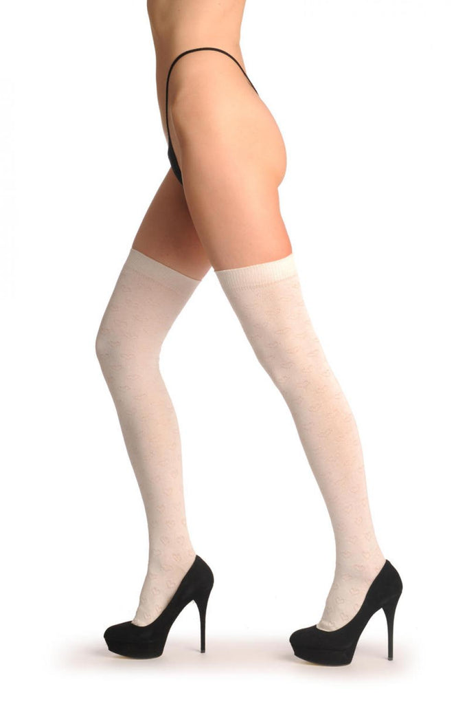 Liss Kiss White With Small Semi Transparent Hearts - Over The Knee Socks